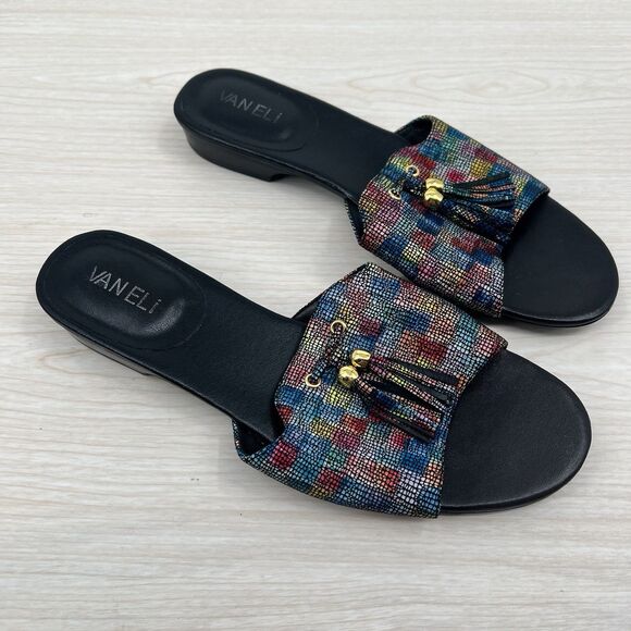 Vaneli Womens Flat Sandals Slip On 9M Rainbow Colorful Tassel Art Deco Mosaic - Picture 4 of 14